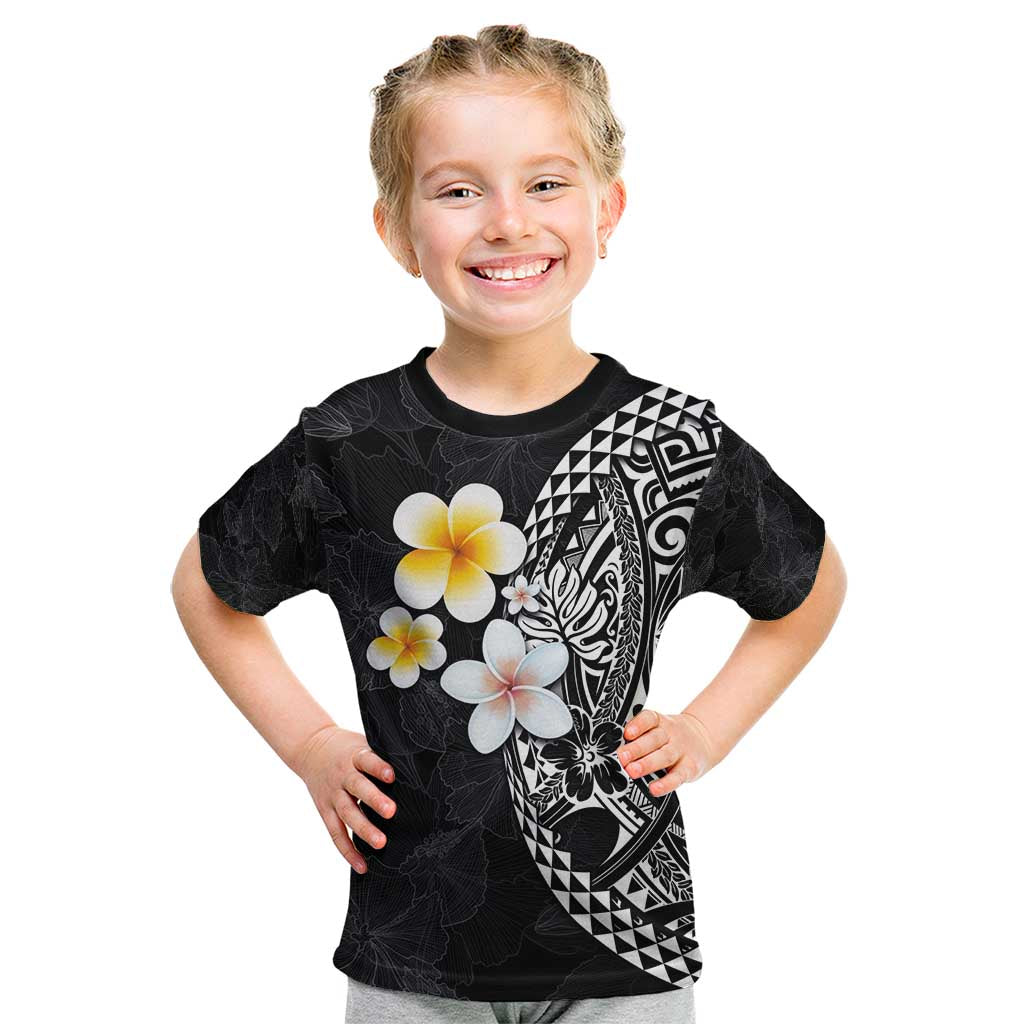 Hawaiian Hibiscus and Plumeria Polynesian Tribal Tattoo Kid T Shirt Black Color