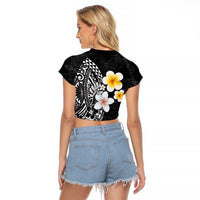 Hawaiian Hibiscus and Plumeria Polynesian Tribal Tattoo Raglan Cropped T Shirt Black Color