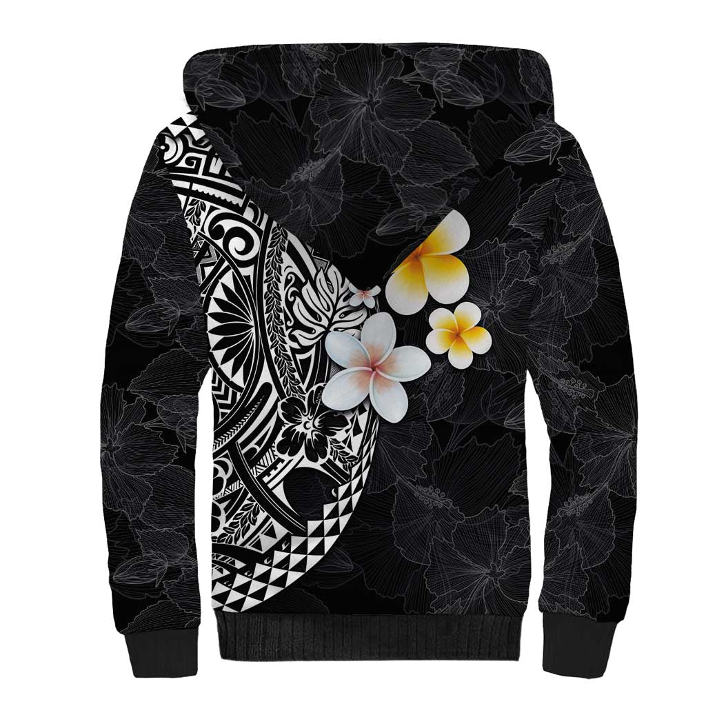 Hawaiian Hibiscus and Plumeria Polynesian Tribal Tattoo Sherpa Hoodie Black Color LT03 - Polynesian Pride