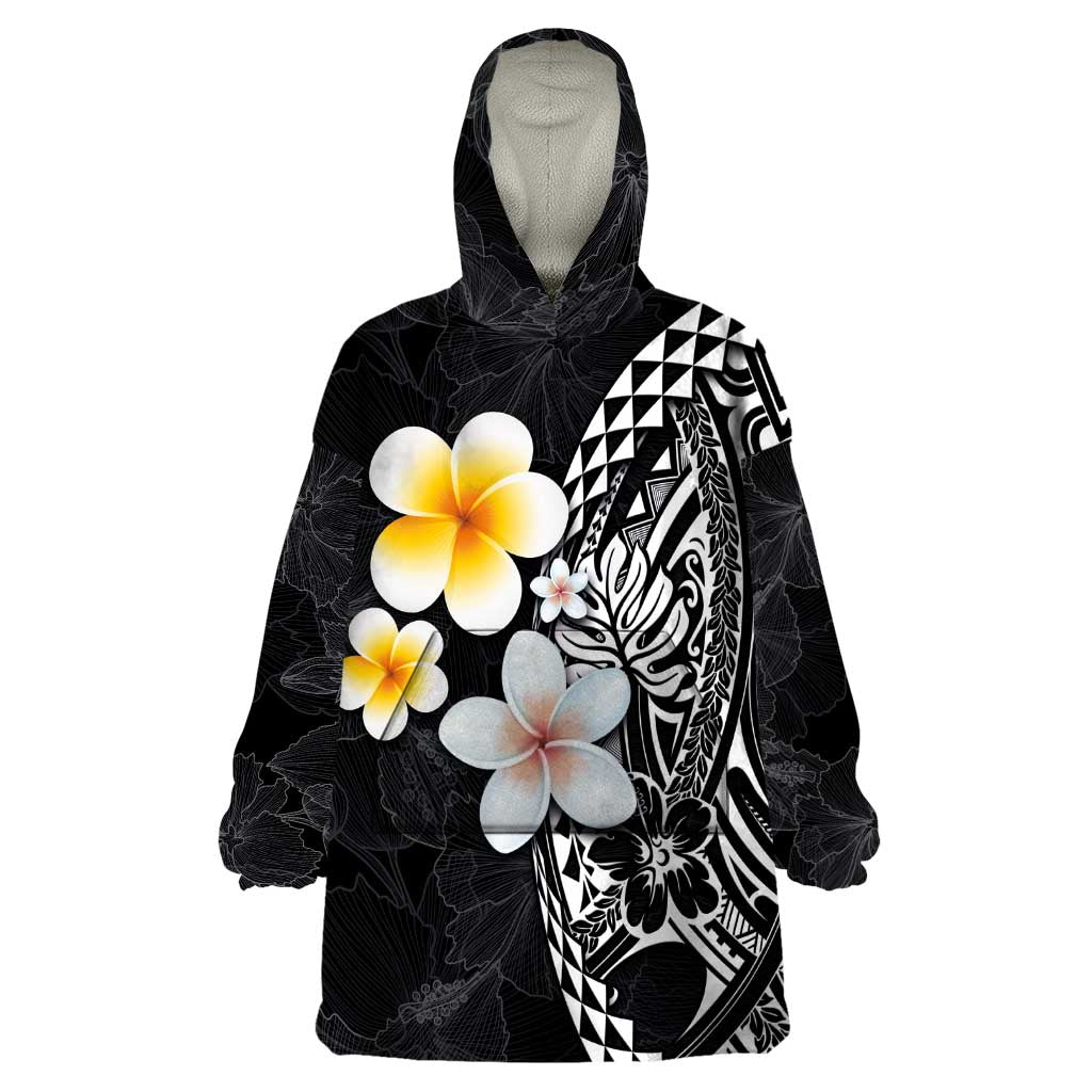 Hawaiian Hibiscus and Plumeria Polynesian Tribal Tattoo Wearable Blanket Hoodie Black Color LT03 One Size Black - Polynesian Pride