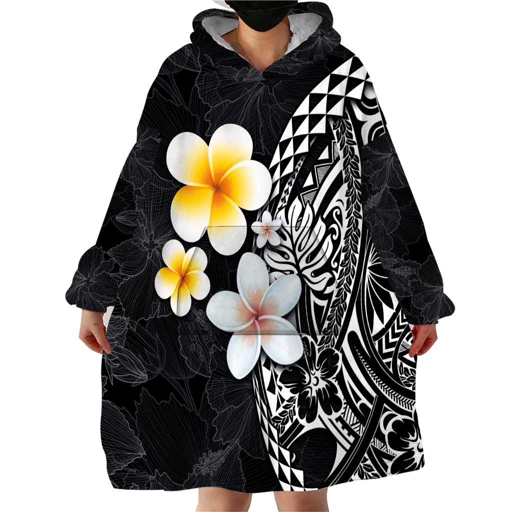 Hawaiian Hibiscus and Plumeria Polynesian Tribal Tattoo Wearable Blanket Hoodie Black Color LT03 - Polynesian Pride