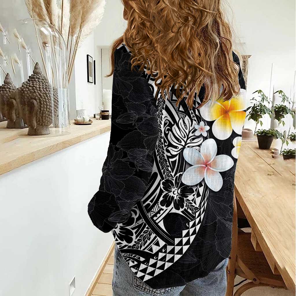 Hawaiian Hibiscus and Plumeria Polynesian Tribal Tattoo Women Casual Shirt Black Color LT03 - Polynesian Pride