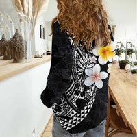 Hawaiian Hibiscus and Plumeria Polynesian Tribal Tattoo Women Casual Shirt Black Color LT03 - Polynesian Pride