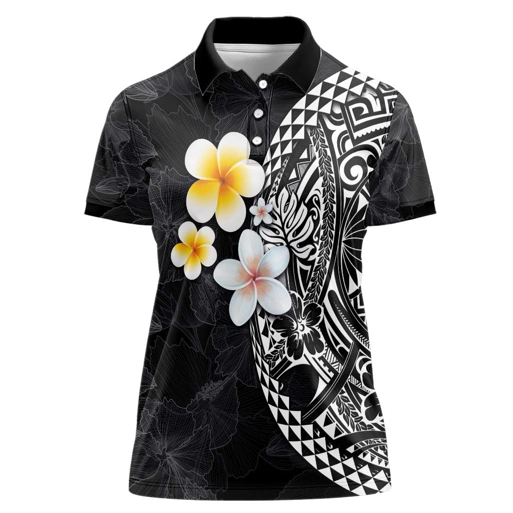Hawaiian Hibiscus and Plumeria Polynesian Tribal Tattoo Women Polo Shirt Black Color LT03 Female Black - Polynesian Pride