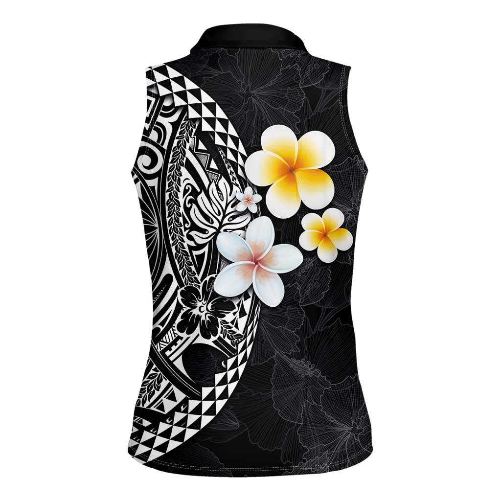 Hawaiian Hibiscus and Plumeria Polynesian Tribal Tattoo Women Sleeveless Polo Shirt Black Color