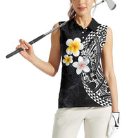 Hawaiian Hibiscus and Plumeria Polynesian Tribal Tattoo Women Sleeveless Polo Shirt Black Color