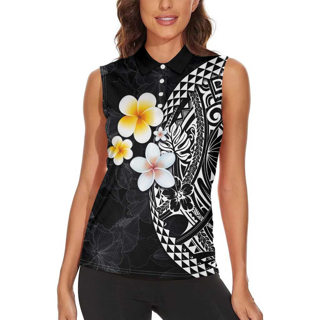 Hawaiian Hibiscus and Plumeria Polynesian Tribal Tattoo Women Sleeveless Polo Shirt Black Color