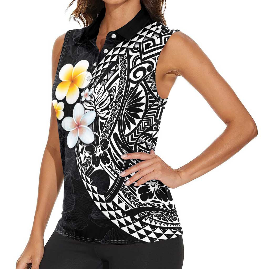 Hawaiian Hibiscus and Plumeria Polynesian Tribal Tattoo Women Sleeveless Polo Shirt Black Color
