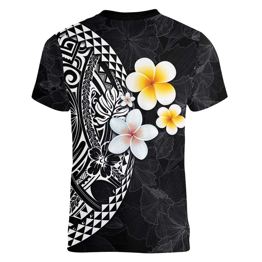 Hawaiian Hibiscus and Plumeria Polynesian Tribal Tattoo Women V-Neck T-Shirt Black Color