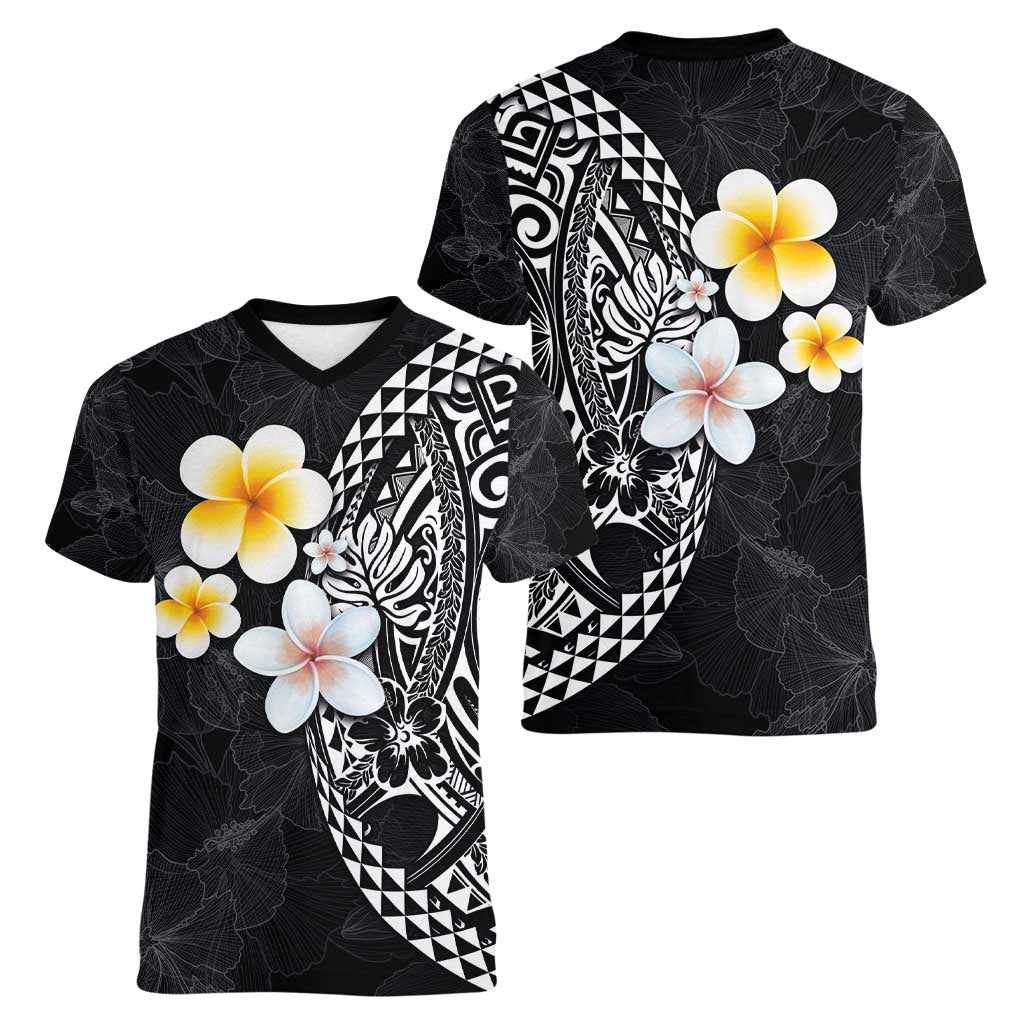 Hawaiian Hibiscus and Plumeria Polynesian Tribal Tattoo Women V-Neck T-Shirt Black Color