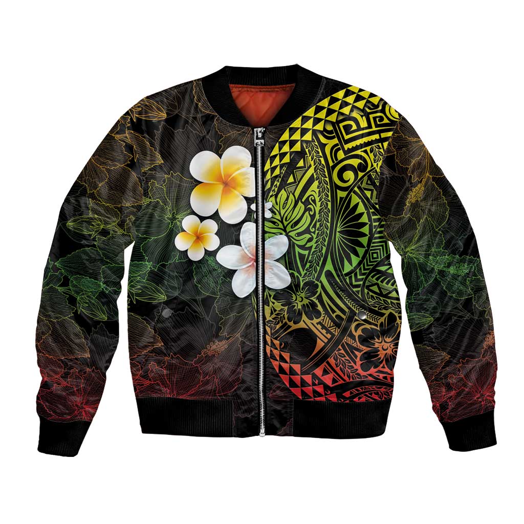 Hawaiian Hibiscus and Plumeria Polynesian Tribal Tattoo Bomber Jacket Reggae Color LT03 Unisex Reggae - Polynesian Pride