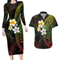 Hawaiian Hibiscus and Plumeria Polynesian Tribal Tattoo Couples Matching Long Sleeve Bodycon Dress and Hawaiian Shirt Reggae Color LT03 Reggae - Polynesian Pride