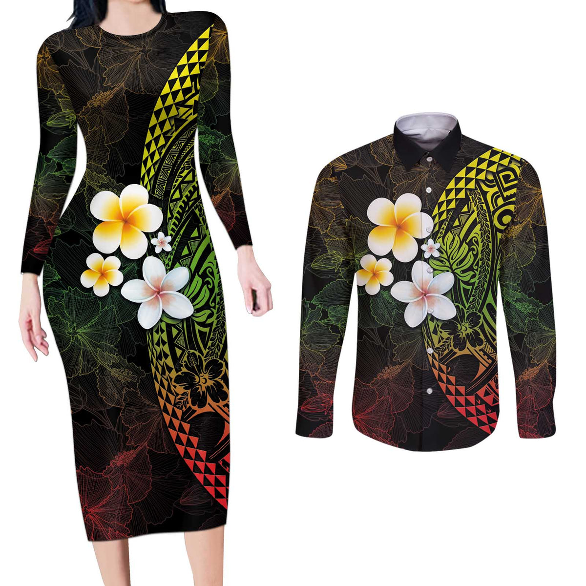 Hawaiian Hibiscus and Plumeria Polynesian Tribal Tattoo Couples Matching Long Sleeve Bodycon Dress and Long Sleeve Button Shirt Reggae Color LT03 Reggae - Polynesian Pride