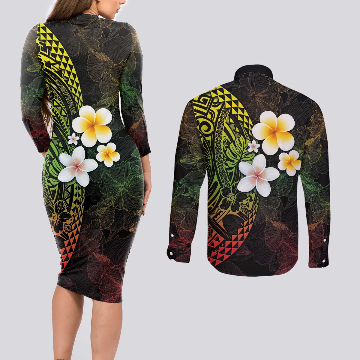 Hawaiian Hibiscus and Plumeria Polynesian Tribal Tattoo Couples Matching Long Sleeve Bodycon Dress and Long Sleeve Button Shirt Reggae Color LT03 - Polynesian Pride