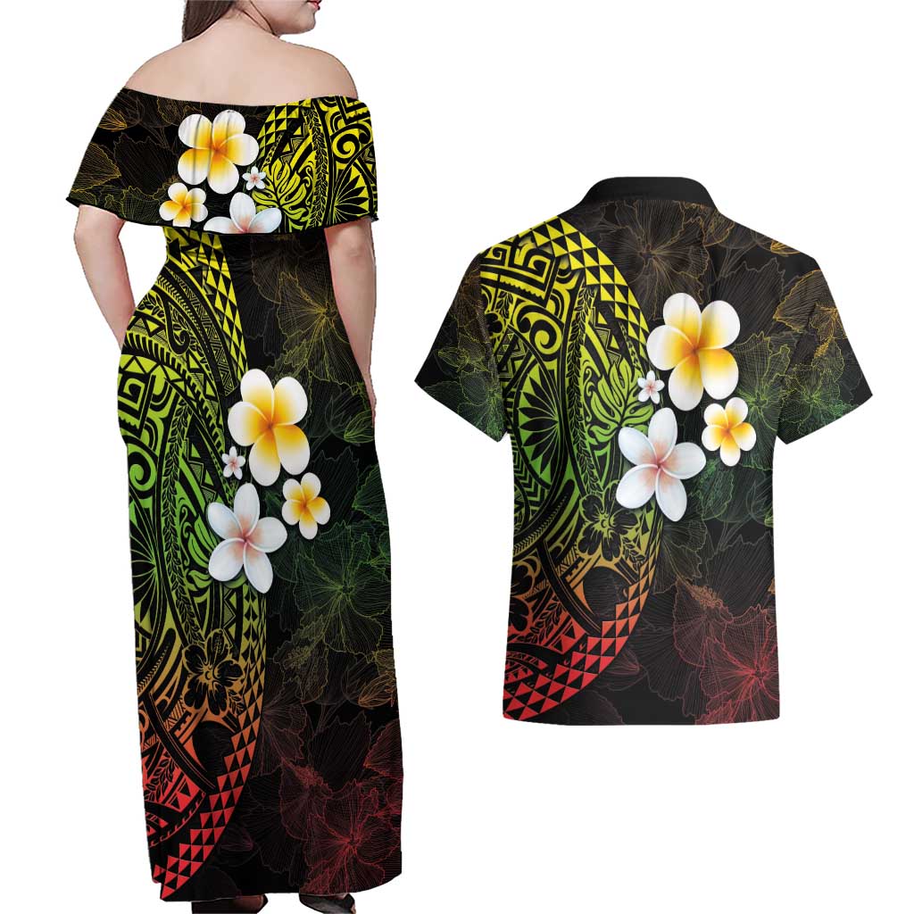 Hawaiian Hibiscus and Plumeria Polynesian Tribal Tattoo Couples Matching Off Shoulder Maxi Dress and Hawaiian Shirt Reggae Color LT03 - Polynesian Pride