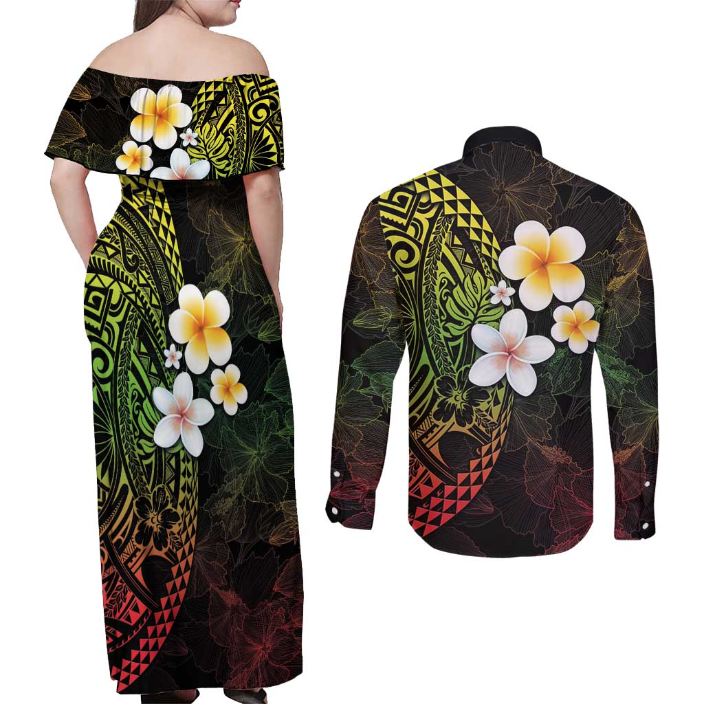 Hawaiian Hibiscus and Plumeria Polynesian Tribal Tattoo Couples Matching Off Shoulder Maxi Dress and Long Sleeve Button Shirt Reggae Color LT03 - Polynesian Pride