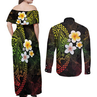 Hawaiian Hibiscus and Plumeria Polynesian Tribal Tattoo Couples Matching Off Shoulder Maxi Dress and Long Sleeve Button Shirt Reggae Color LT03 - Polynesian Pride