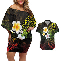 Hawaiian Hibiscus and Plumeria Polynesian Tribal Tattoo Couples Matching Off Shoulder Short Dress and Hawaiian Shirt Reggae Color LT03 Reggae - Polynesian Pride