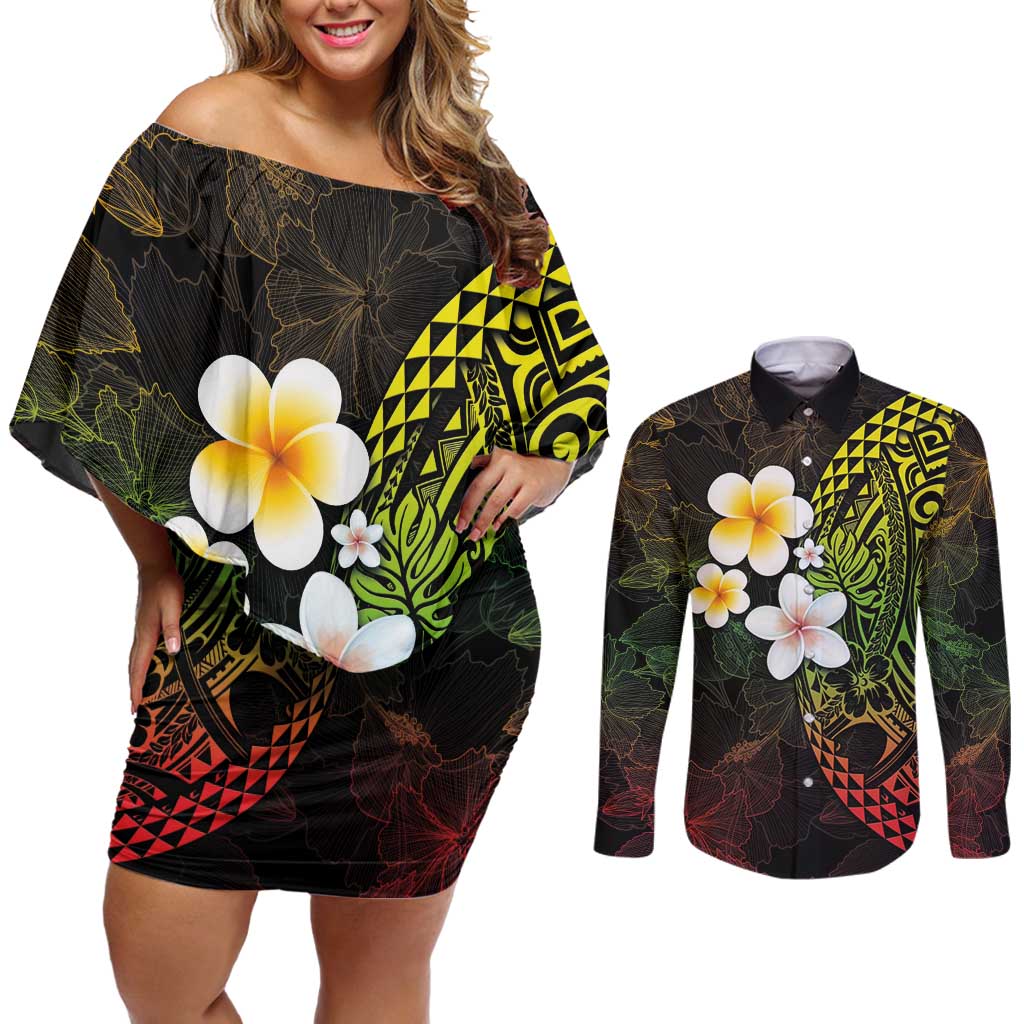 Hawaiian Hibiscus and Plumeria Polynesian Tribal Tattoo Couples Matching Off Shoulder Short Dress and Long Sleeve Button Shirt Reggae Color LT03 Reggae - Polynesian Pride