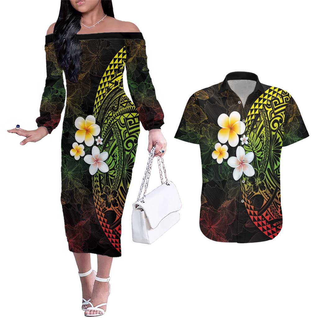 Hawaiian Hibiscus and Plumeria Polynesian Tribal Tattoo Couples Matching Off The Shoulder Long Sleeve Dress and Hawaiian Shirt Reggae Color LT03 Reggae - Polynesian Pride