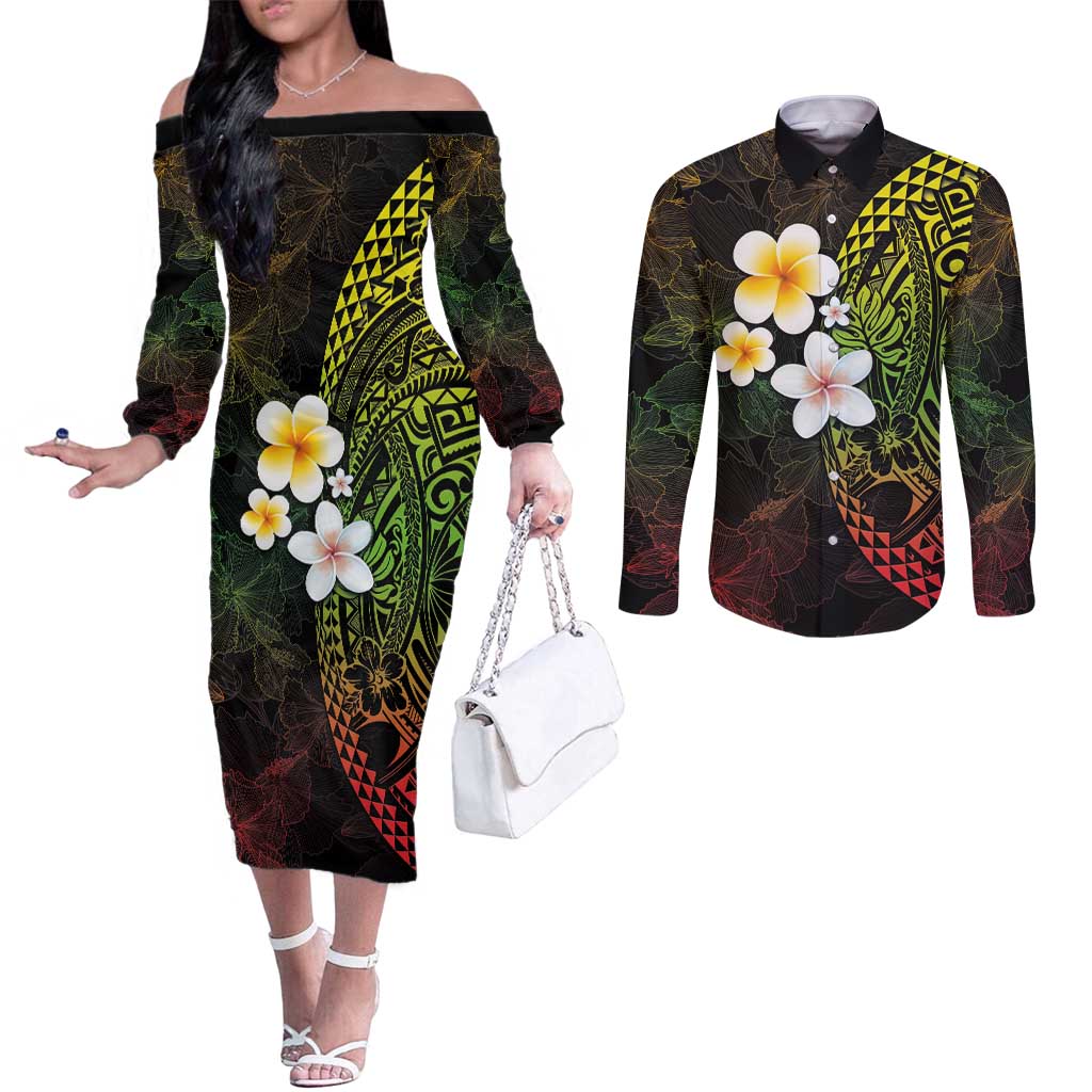 Hawaiian Hibiscus and Plumeria Polynesian Tribal Tattoo Couples Matching Off The Shoulder Long Sleeve Dress and Long Sleeve Button Shirt Reggae Color LT03 Reggae - Polynesian Pride