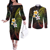 Hawaiian Hibiscus and Plumeria Polynesian Tribal Tattoo Couples Matching Off The Shoulder Long Sleeve Dress and Long Sleeve Button Shirt Reggae Color LT03 Reggae - Polynesian Pride