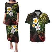 Hawaiian Hibiscus and Plumeria Polynesian Tribal Tattoo Couples Matching Puletasi and Hawaiian Shirt Reggae Color LT03 Reggae - Polynesian Pride