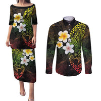 Hawaiian Hibiscus and Plumeria Polynesian Tribal Tattoo Couples Matching Puletasi and Long Sleeve Button Shirt Reggae Color LT03 Reggae - Polynesian Pride