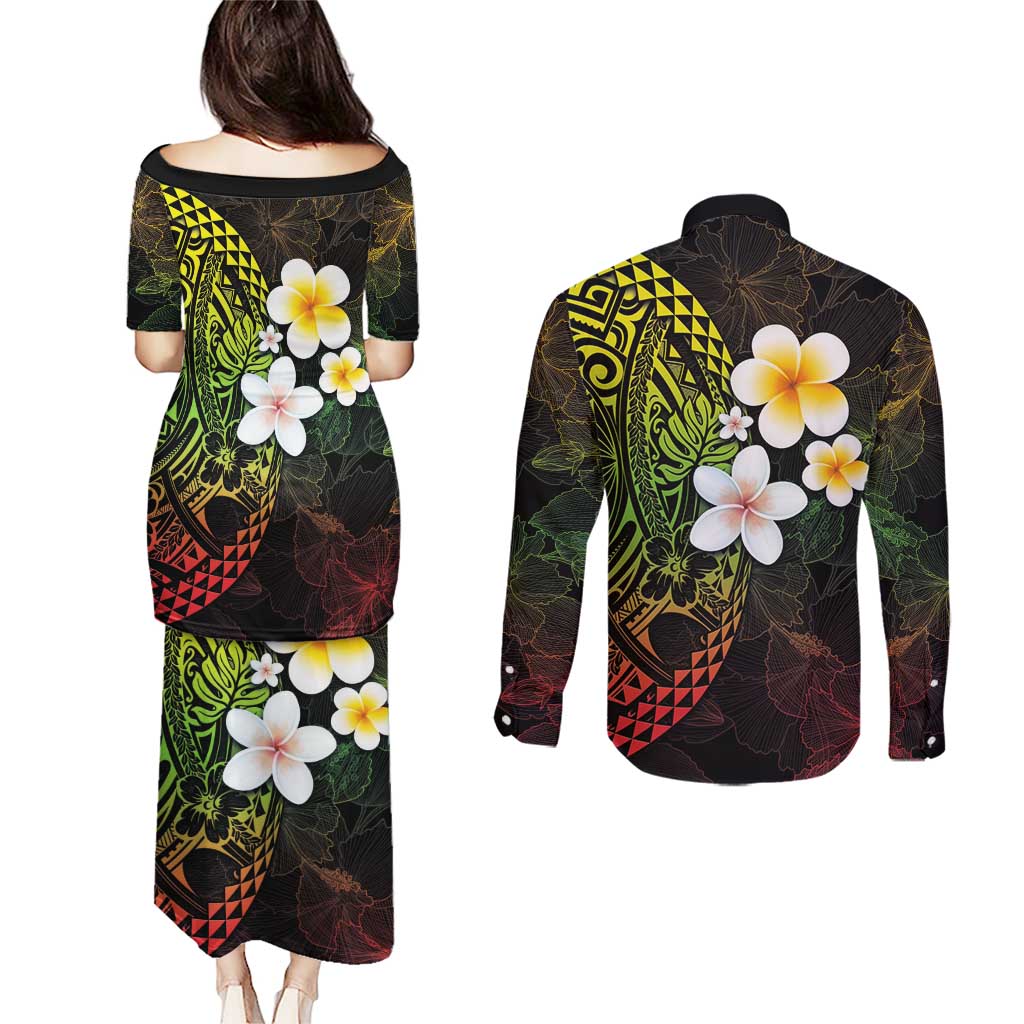 Hawaiian Hibiscus and Plumeria Polynesian Tribal Tattoo Couples Matching Puletasi and Long Sleeve Button Shirt Reggae Color LT03 - Polynesian Pride