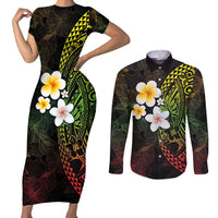 Hawaiian Hibiscus and Plumeria Polynesian Tribal Tattoo Couples Matching Short Sleeve Bodycon Dress and Long Sleeve Button Shirt Reggae Color LT03 Reggae - Polynesian Pride