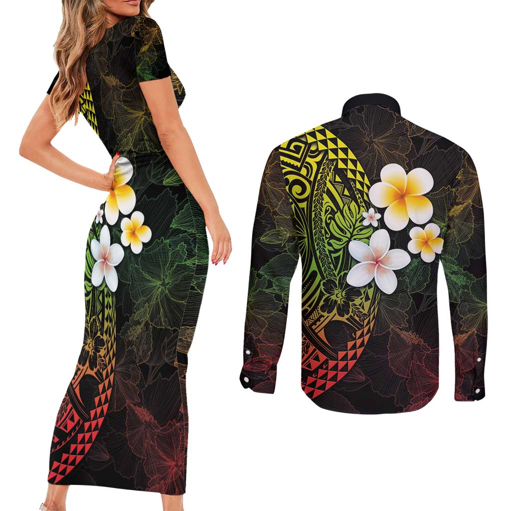 Hawaiian Hibiscus and Plumeria Polynesian Tribal Tattoo Couples Matching Short Sleeve Bodycon Dress and Long Sleeve Button Shirt Reggae Color LT03 - Polynesian Pride