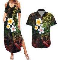 Hawaiian Hibiscus and Plumeria Polynesian Tribal Tattoo Couples Matching Summer Maxi Dress and Hawaiian Shirt Reggae Color LT03 Reggae - Polynesian Pride