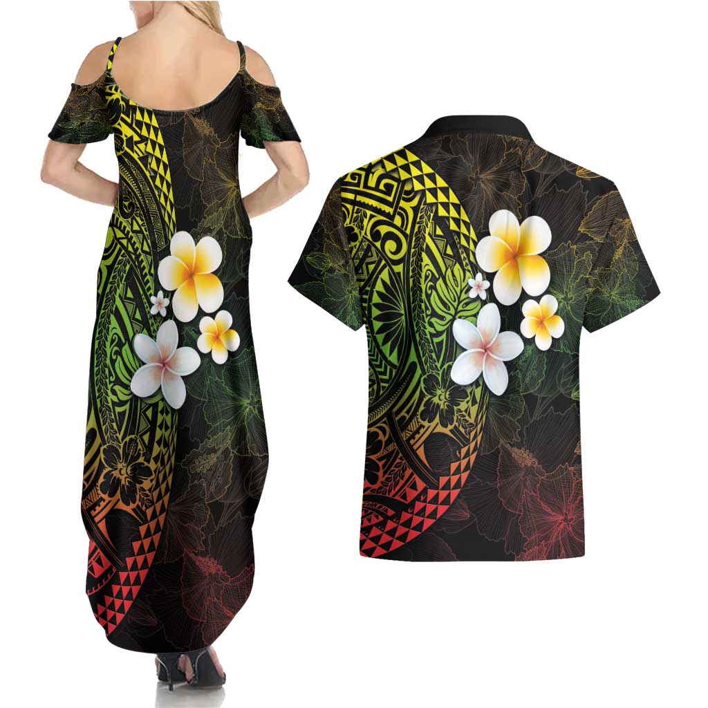 Hawaiian Hibiscus and Plumeria Polynesian Tribal Tattoo Couples Matching Summer Maxi Dress and Hawaiian Shirt Reggae Color LT03 - Polynesian Pride