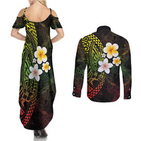 Hawaiian Hibiscus and Plumeria Polynesian Tribal Tattoo Couples Matching Summer Maxi Dress and Long Sleeve Button Shirt Reggae Color LT03 - Polynesian Pride