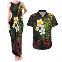 Hawaiian Hibiscus and Plumeria Polynesian Tribal Tattoo Couples Matching Tank Maxi Dress and Hawaiian Shirt Reggae Color LT03 Reggae - Polynesian Pride