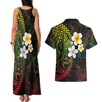 Hawaiian Hibiscus and Plumeria Polynesian Tribal Tattoo Couples Matching Tank Maxi Dress and Hawaiian Shirt Reggae Color LT03 - Polynesian Pride