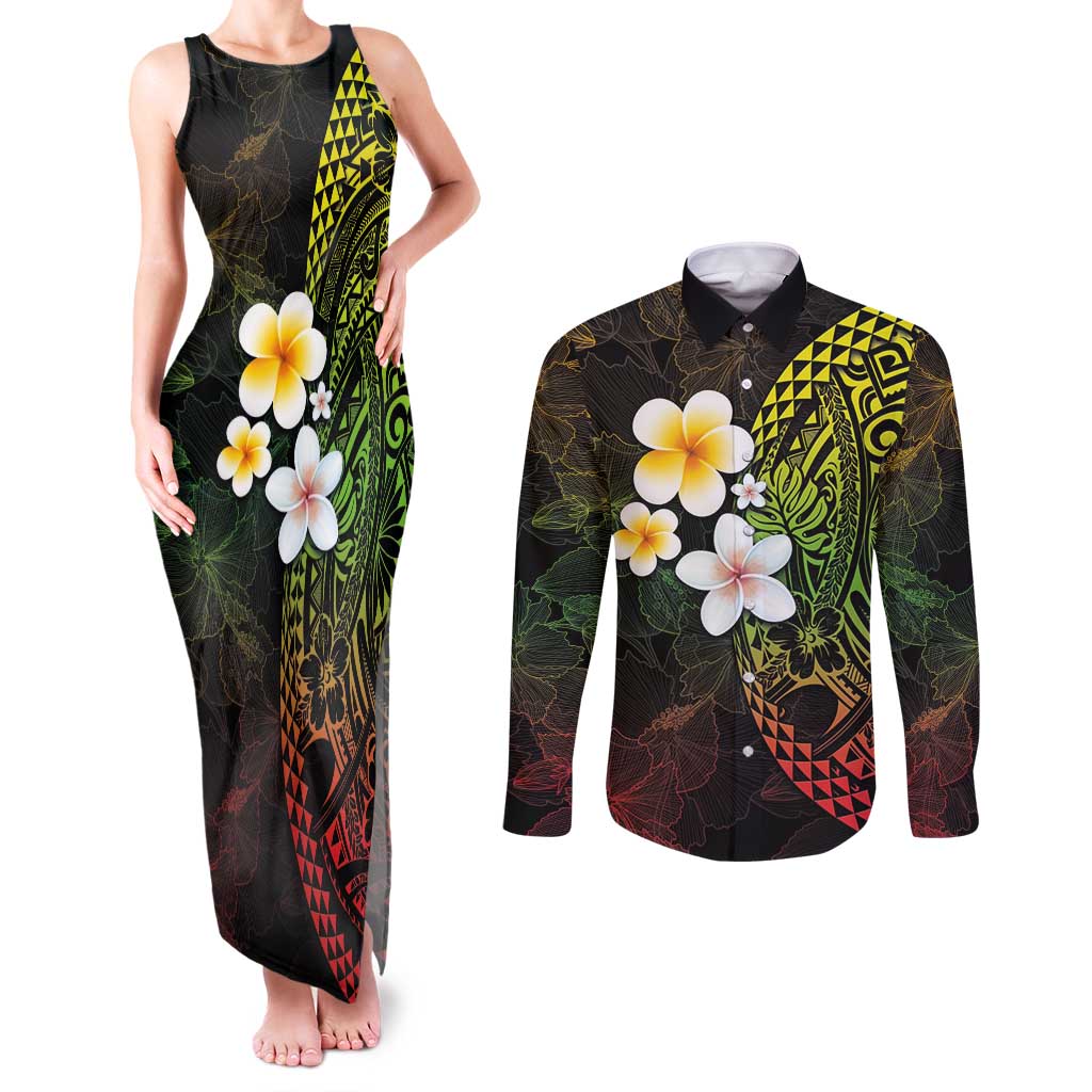 Hawaiian Hibiscus and Plumeria Polynesian Tribal Tattoo Couples Matching Tank Maxi Dress and Long Sleeve Button Shirt Reggae Color LT03 Reggae - Polynesian Pride