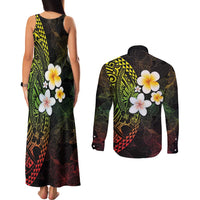 Hawaiian Hibiscus and Plumeria Polynesian Tribal Tattoo Couples Matching Tank Maxi Dress and Long Sleeve Button Shirt Reggae Color LT03 - Polynesian Pride