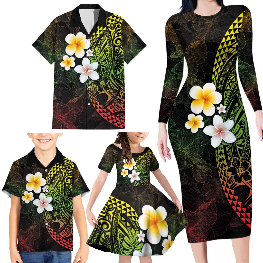 Hawaiian Hibiscus and Plumeria Polynesian Tribal Tattoo Family Matching Long Sleeve Bodycon Dress and Hawaiian Shirt Reggae Color LT03 - Polynesian Pride