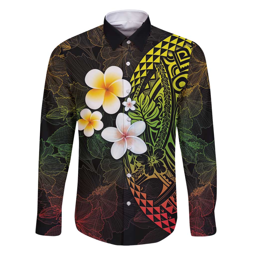 Hawaiian Hibiscus and Plumeria Polynesian Tribal Tattoo Family Matching Long Sleeve Bodycon Dress and Hawaiian Shirt Reggae Color LT03 Dad's Shirt - Long Sleeve Reggae - Polynesian Pride