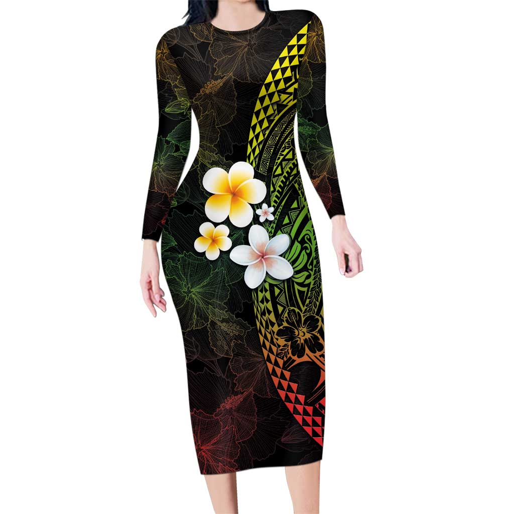 Hawaiian Hibiscus and Plumeria Polynesian Tribal Tattoo Family Matching Long Sleeve Bodycon Dress and Hawaiian Shirt Reggae Color LT03 Mom's Dress Reggae - Polynesian Pride