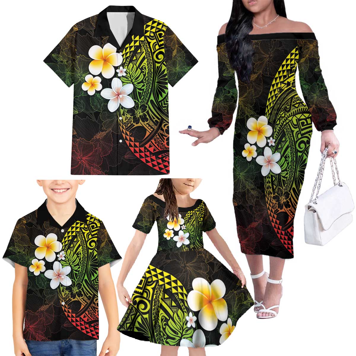 Hawaiian Hibiscus and Plumeria Polynesian Tribal Tattoo Family Matching Off The Shoulder Long Sleeve Dress and Hawaiian Shirt Reggae Color LT03 - Polynesian Pride