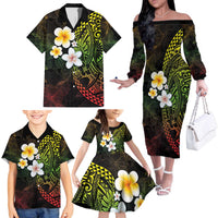 Hawaiian Hibiscus and Plumeria Polynesian Tribal Tattoo Family Matching Off The Shoulder Long Sleeve Dress and Hawaiian Shirt Reggae Color LT03 - Polynesian Pride
