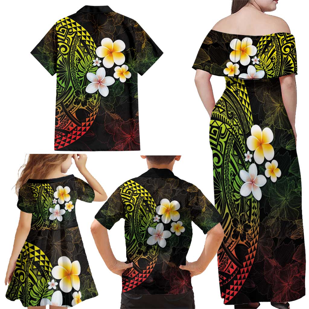 Hawaiian Hibiscus and Plumeria Polynesian Tribal Tattoo Family Matching Off Shoulder Maxi Dress and Hawaiian Shirt Reggae Color LT03 - Polynesian Pride