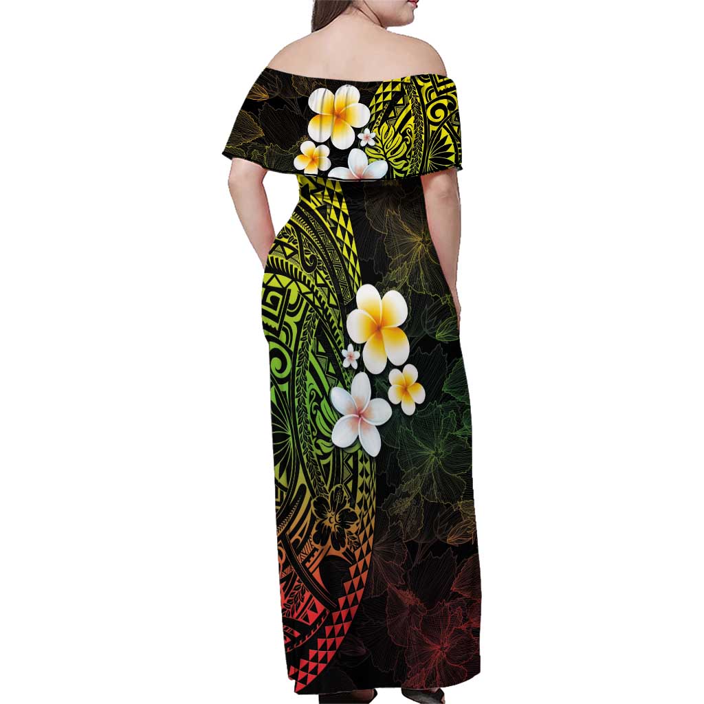 Hawaiian Hibiscus and Plumeria Polynesian Tribal Tattoo Family Matching Off Shoulder Maxi Dress and Hawaiian Shirt Reggae Color LT03 - Polynesian Pride