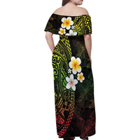 Hawaiian Hibiscus and Plumeria Polynesian Tribal Tattoo Family Matching Off Shoulder Maxi Dress and Hawaiian Shirt Reggae Color LT03 - Polynesian Pride