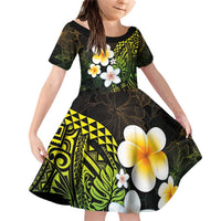 Hawaiian Hibiscus and Plumeria Polynesian Tribal Tattoo Family Matching Off Shoulder Short Dress and Hawaiian Shirt Reggae Color LT03 Daughter's Dress Reggae - Polynesian Pride