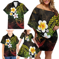 Hawaiian Hibiscus and Plumeria Polynesian Tribal Tattoo Family Matching Off Shoulder Short Dress and Hawaiian Shirt Reggae Color LT03 - Polynesian Pride