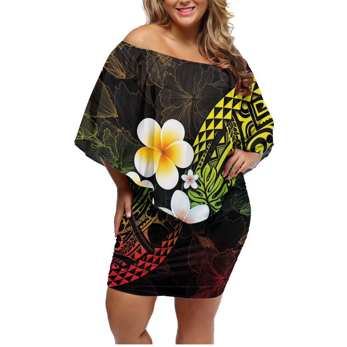 Hawaiian Hibiscus and Plumeria Polynesian Tribal Tattoo Family Matching Off Shoulder Short Dress and Hawaiian Shirt Reggae Color LT03 Mom's Dress Reggae - Polynesian Pride