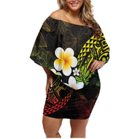 Hawaiian Hibiscus and Plumeria Polynesian Tribal Tattoo Family Matching Off Shoulder Short Dress and Hawaiian Shirt Reggae Color LT03 Mom's Dress Reggae - Polynesian Pride